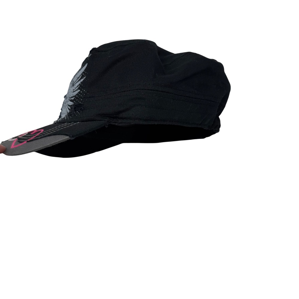 Nyla District Black Cadet Hat Love Heart Rhinestone Wing Distressed Y2K Cap NWOT - Picture 6 of 7